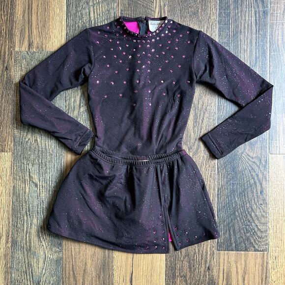 Satin Stitches Figure Skating Dress Leotard & Skirt Black Pink Rhinestones 12 - Picture 2 of 13